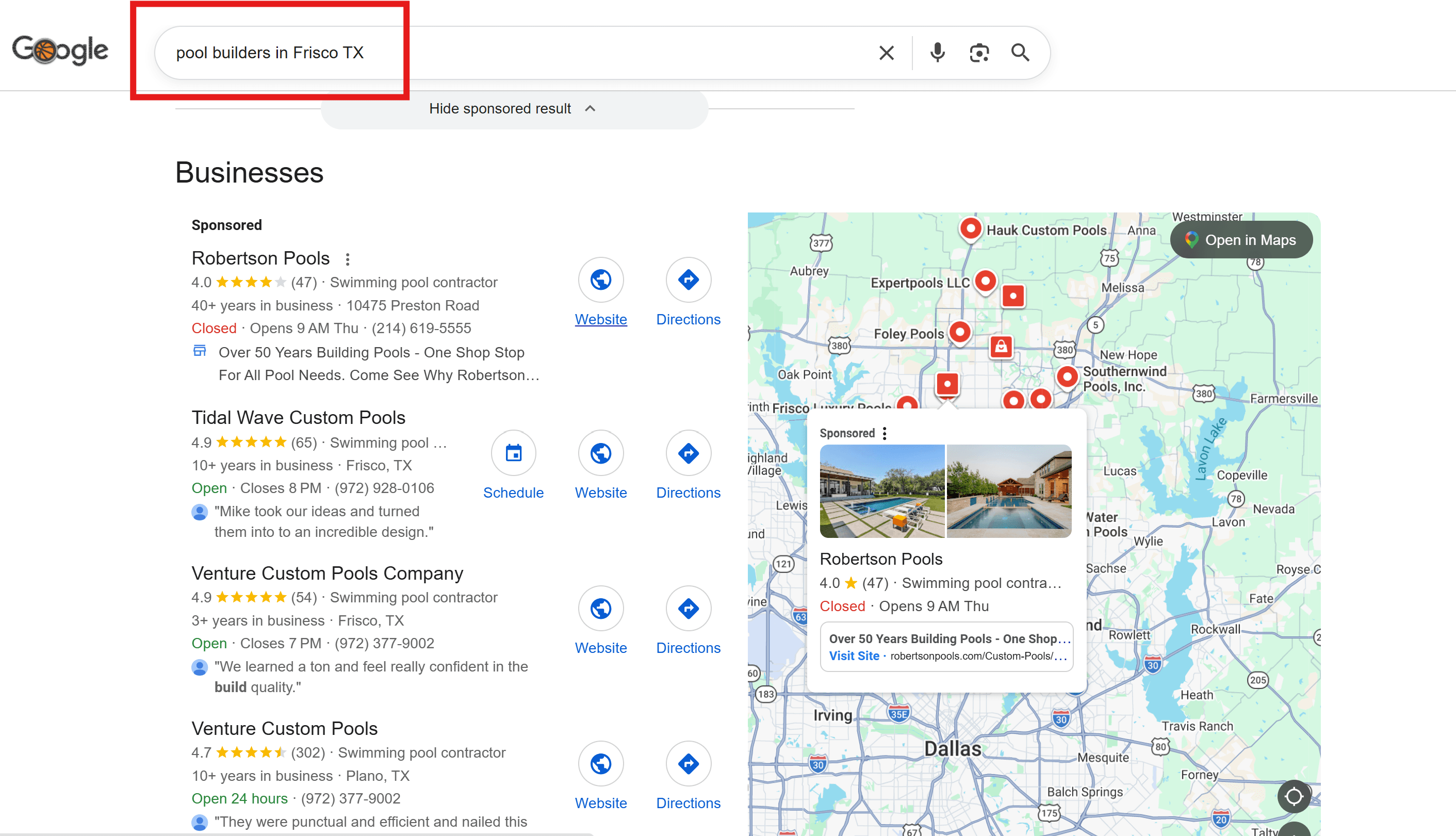 Google search results for "pool builders in Frisco TX" — sponsored result from Robertson Pools, followed by Tidal Wave Custom Pools, Venture Custom Pools Company, and Venture Custom Pools in the organic map pack