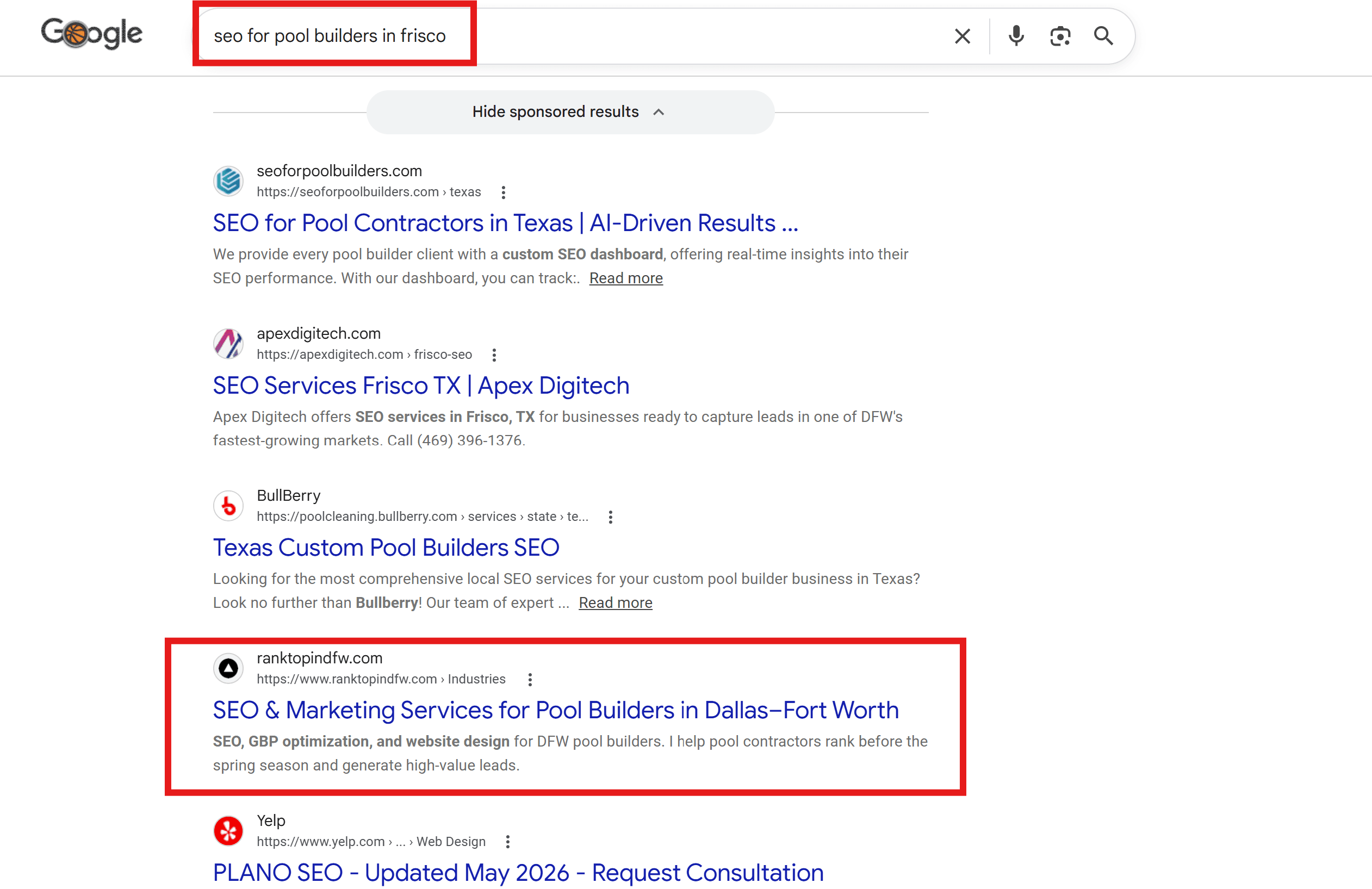 Organic results for "seo for pool builders in frisco" — RankTop DFW pool builders industry page at position 4