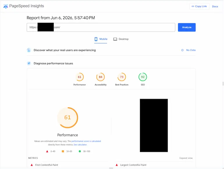 Google PageSpeed Insights mobile score of 61 for a DFW roofing company